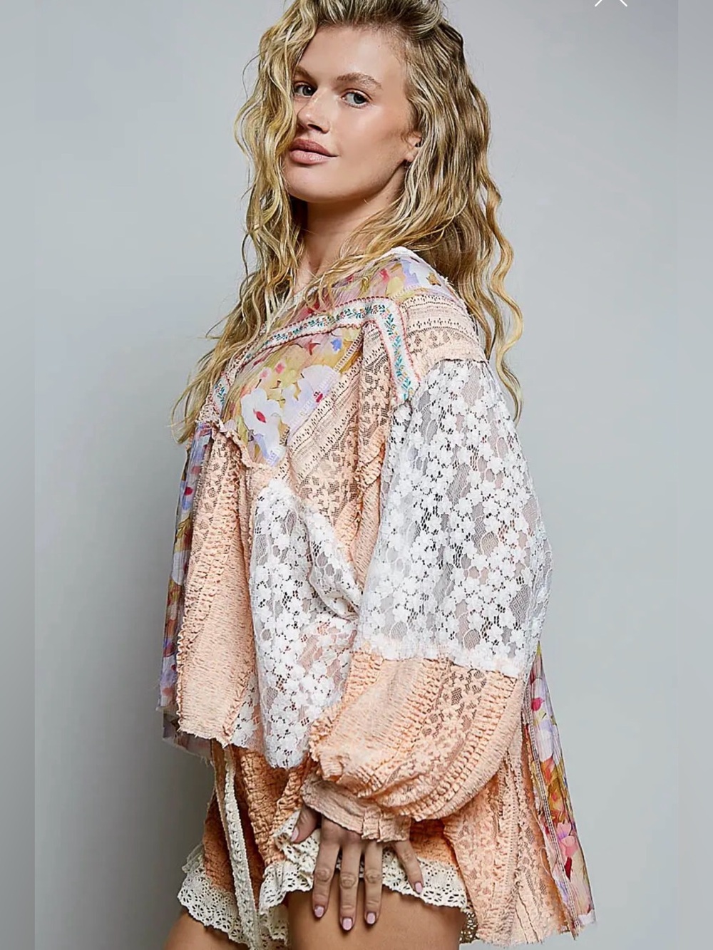 POL Apricot lace balloon sleeve boho patchwork floral blouse top pullover - Picture 2 of 3